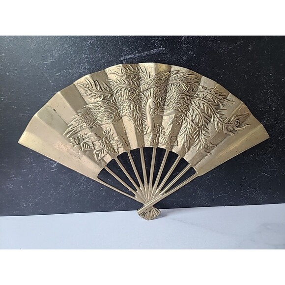 Solid Brass Mid-Century Asian Fan With Phoenix Wall Decor Vintage, Set Of Three - Picture 3 of 10